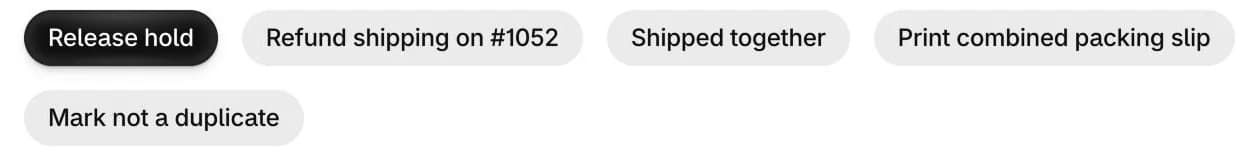 OrderMerge block actions: Release hold, Refund shipping, Shipped together, Print combined packing slip, Mark not a duplicate