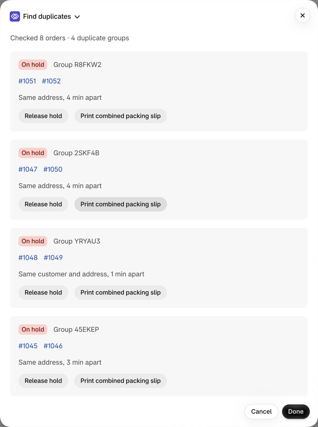 Find duplicates bulk action on the Shopify orders list: checked 8 orders, 4 duplicate groups, each with Release hold and Print combined packing slip