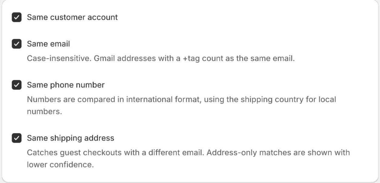 OrderMerge match signals: same customer account, same email, same phone number, same shipping address